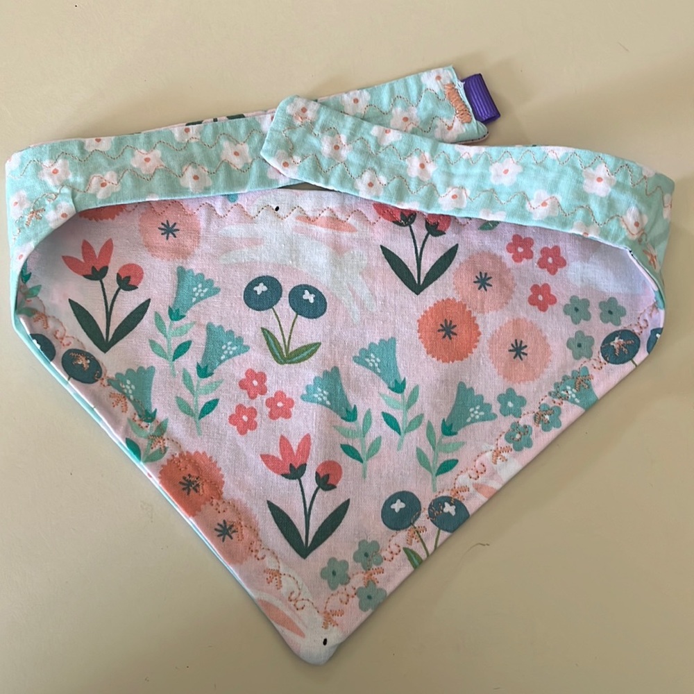 Bunnies flowers dog bandanna reversible handmade